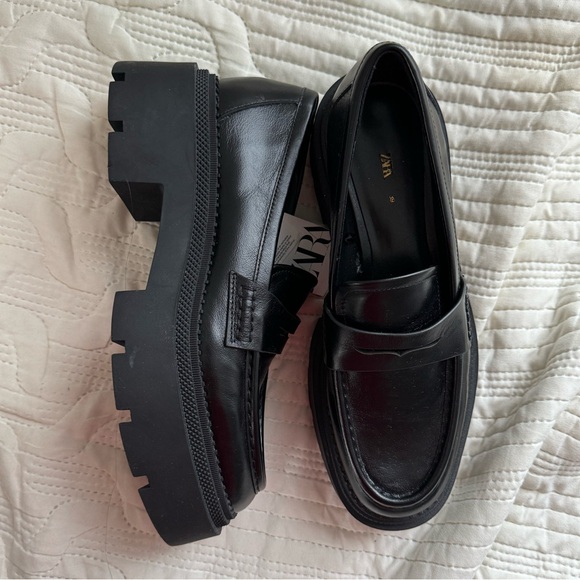 Zara Black Leather Platform Loafers - Picture 3 of 8